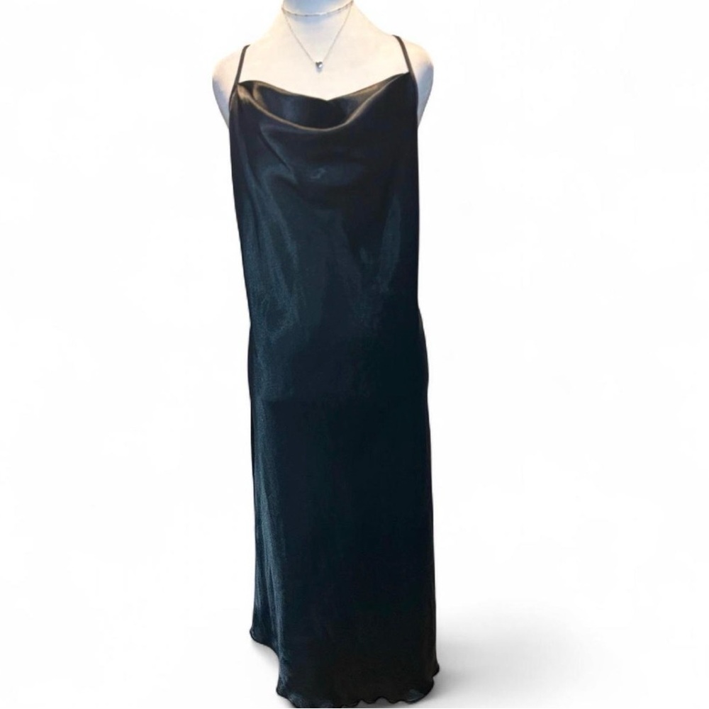 Bebe Satin Cowl Neck Slip Dress Large Black P-P 22” Length 42” Adjustable Straps